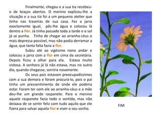 Finalmente, chegou e a sua tia recebeu-o de braços abertos. O menino explicou-lhe a situação e a sua tia foi a um pequeno atelier que tinha nas traseiras de sua casa. Fez a jarra exactamente igual,  pôs-lhe água e colocou lá dentro a flor. Já tinha passado toda a tarde e o sol já se punha.   Tinha de chegar ao arranha-céus o mais depressa possível, mas não podia derramar a água, que tanta falta fazia a flor.	Subiu até ao vigésimonono andar e colocou a jarra com a flor em cima da secretária. Depois ficou a olhar para ela.  Estava muito vistosa. A senhora já lá não estava, mas no outro dia, quando chegasse, sorriria novamente.Os seus pais estavam preocupadíssimos com a sua demora e foram procurá-lo, pois o pai tinha um pressentimento de onde ele poderia estar. Foram ter com ele ao arranha-céus e a mãe deu-lhe um grande raspanete. Para o menino aquele raspanete fazia todo o sentido, mas não deixava de se sentir feliz com tudo aquilo que ele fizera para salvar aquela flor e viver o seu sonho. FIM