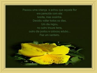 Passou uma criança e achou que aquela florPassou uma criança e achou que aquela flor
era parecida com ela:era parecida com ela:
bonita, mas sosinha.bonita, mas sosinha.
Decidiu voltar todos os dias.Decidiu voltar todos os dias.
Um dia regou,Um dia regou,
no outro trouxe terra,no outro trouxe terra,
outro dia podou e colocou adubo...outro dia podou e colocou adubo...
Fez um canteiro.Fez um canteiro.
 