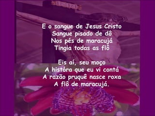 E o sangue de Jesus Cristo
Sangue pisado de dô
Nos pés de maracujá
Tingia todas as flô
Eis aí, seu moço
A históra que eu vi contá
A razão pruquê nasce roxa
A flô de maracujá.
 