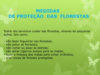 MEDIDAS
     DE PROTEÇÃO DAS FLORESTAS


Todos nós devemos cuidar das florestas, através de pequenas
ações, tais como:

-   não fazer fogueiras nas florestas;
-   não poluir as florestas;
-   não cortar ou pisar as plantas;
-   não atirar cigarros acesos para as matas;
-   fazer a limpeza das matas para evitar incêndios;
-   criar zonas de floresta protegidas.
 
