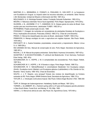 MARTINO, D. L.; BENNARDJI, Z.; FOSSATI, A.; PAGLIANO, D.; VAN HOFF, E. La forestacion
com Eucaliptos en Uruguai: su impacto sobre los recursos naturales y el ambiente. Série Técnica
n.88. Montevideo: Unidad de Difusión e Información del INIA, 1997 24 p.
MOLCHANOV, A. A. Hidrologia florestal. Lisboa: Fundação Calouste Gulbenkian, 1963 419 p.
MOURA, V. Natureza violentada: flora e fauna agredidas. Porto Alegre: Agropecuária, 1979 239 p.
OLIVEIRA, J. B.; JACOMINE. P. K. T.; CAMARGO, M. N. Classes gerais de solos do Brasil: Guia
auxiliar para seu reconhecimento. Jaboticabal: FUNEP, 1992 201 p.
PETROBRAS. Projeto preservação do solo. 1986
POGGIANI, F. Ciclagem de nutrientes em ecossistemas de plantações florestais de Eucalyptus e
Pinus. Implicações silviculturais, Piracicaba, ESALQ. 1985 211p. (Tese de Livre-Docente)
PRADO, H. Manual de classsificação dos solos do Brasil. Jaboticabal: FUNEP, 1993 218 p.
PRIMAVESI, A. Manejo ecológico do solo: a agricultura em regiões tropicais. São Paulo: Nobel,
1979 549 p.
PRITCHETT, W. L. Suelos forestales: propriedades, conservación y mejoramiento. México: Limus
S. A. 1990 634 p.
RIO GRANDE DO SUL. Manual de conservação do solo. Porto Alegre: Secretaria de Agricultura,
1985 287 p.
ROCHA, J. S. M. Manual de projetos ambientais. Santa Maria: Imprensa Universitária, 1997 423 p.
SCHEFFER, F. & SCHACHTSCHABEL, P. Lehrbuch der Bodenkunde. 12 ed. Germany. Ferdinand
Enke Verlag. 1992. 491p
SCHUMACHER, M. V.; HOPPE, J. M. A complexidade dos ecossistemas. Porto Alegre: Pallotti,
1997 50 p.
SCHUMACHER, M. V.; HOPPE, J. M. A floresta e a água. Porto Alegre: Pallotti, 1998 70 p.
SCHUMACHER, M. V. Nährstoffkreislauf in verschiedenen Beständen Von Eucalyptus saligna
(Smith), Eucalyptus dunnii (Maiden) und Eucalyptus globulus (Labillardière) in Rio Grande do Sul,
Brasilien. Viena, Austria, 1995 167p. (Tese de Doutorado)
SOUTO, J. J. P. Deserto, uma ameaça? Estudo dos núcleos de desertificação na fronteira
sudoeste do RS. Porto Alegre: DRNR Diretoria Geral, Secretaria da Agricultura, 1984 172 p.
TAYLOR, C. J. Introdução à silvicultura tropical. São Paulo: Editora Edgar Blucher LTDA, 1969 200
p.
TOPP, W. Biologie der bodenorganismen. Heidelberg: Quelle und Meyer, 1981 224 p.
TURNER, J. & LAMBERT, M. J. Nutrient cycling within a 27-year-old Eucalyptus grandis plantation
in New South Wales. Forest Ecol. and Manag. 6: 155-168p. 1983.
VIEIRA, L. S. Manual da ciência do solo. São Paulo: Ed. Agronômica Ceres, 1975 464 p.
 