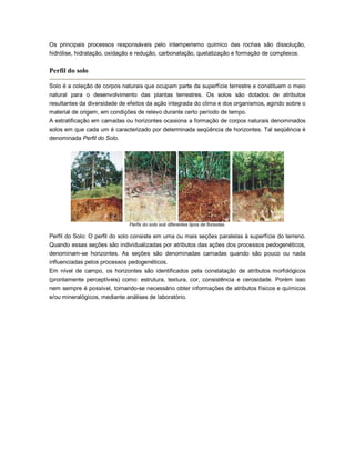 Os principais processos responsáveis pelo intemperismo químico das rochas são dissolução,
hidrólise, hidratação, oxidação e redução, carbonatação, quelatização e formação de complexos.
Perfil do solo
Solo é a coleção de corpos naturais que ocupam parte da superfície terrestre e constituem o meio
natural para o desenvolvimento das plantas terrestres. Os solos são dotados de atributos
resultantes da diversidade de efeitos da ação integrada do clima e dos organismos, agindo sobre o
material de origem, em condições de relevo durante certo período de tempo.
A estratificação em camadas ou horizontes ocasiona a formação de corpos naturais denominados
solos em que cada um é caracterizado por determinada seqüência de horizontes. Tal seqüência é
denominada Perfil do Solo.
Perfis do solo sob diferentes tipos de florestas.
Perfil do Solo: O perfil do solo consiste em uma ou mais seções paralelas à superfície do terreno.
Quando essas seções são individualizadas por atributos das ações dos processos pedogenéticos,
denominam-se horizontes. As seções são denominadas camadas quando são pouco ou nada
influenciadas pelos processos pedogenéticos.
Em nível de campo, os horizontes são identificados pela constatação de atributos morfológicos
(prontamente perceptíveis) como: estrutura, textura, cor, consistência e cerosidade. Porém isso
nem sempre é possível, tornando-se necessário obter informações de atributos físicos e químicos
e/ou mineralógicos, mediante análises de laboratório.
 