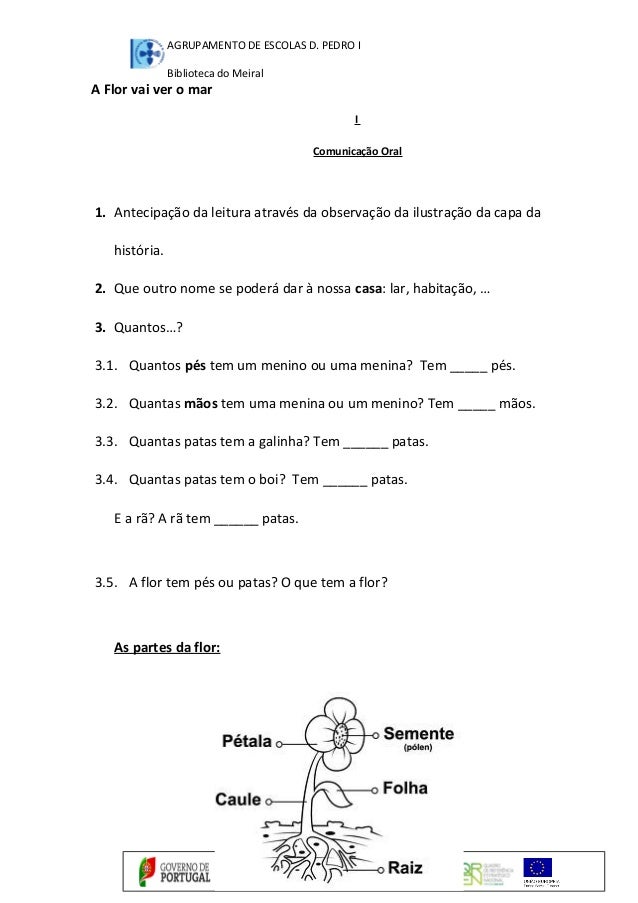 AGRUPAMENTO DE ESCOLAS D. PEDRO I
Biblioteca do Meiral
A Flor vai ver o mar
I
Comunicação Oral
1. Antecipação da leitura a...