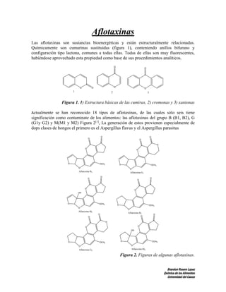 Aflotaxinas
Las aflotaxinas son sustancias bioenergéticas y están estructuralmente relacionadas.
Químicamente son cumarinas sustituidas (figura 1), conteniendo anillos bifurano y
configuración tipo lactona, comunes a todas ellas. Todas de ellas son muy fluorescentes,
habiéndose aprovechado esta propiedad como base de sus procedimientos analíticos.

 

Figura 1. 1) Estructura básicas de las cumiras, 2) cromonas y 3) xantonas
Actualmente se han reconocido 18 tipos de aflotaxinas, de las cuales sólo seis tiene

significación como contamínate de los alimentos: las aflotaxinas del grupo B (B1, B2), G
(G1y G2) y M(M1 y M2) Figura 2[1], La generación de estos provienen especialmente de
dops clases de hongos el primero es el Aspergillus flavus y el Aspergillus parasitus

 

Figura 2. Figuras de algunas aflotaxinas.
Brandon Rosero Lopez
Química de los Alimentos
Universidad del Cauca

 