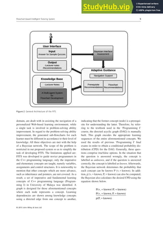 domain, are dealt with in assisting the navigation of a
personalized Web-based learning environment, while
a single task is involved in problem-solving ability
improvement. In regard to the problem-solving ability
improvement, the generated sub-flowcharts for each
learner must be different in accordance to their level of
knowledge. All three objectives are met with the help
of a Bayesian network. The scope of the problem is
restricted in our proposed system so as to simplify the
task of developing FITS. The limitations applied are:
FITS was developed to guide novice programmers in
the C++ programming language; only the imperative
and elementary concepts are taught, namely variables,
assignments and control structures. It is noteworthy to
mention that other concepts which are more advance,
such as inheritance and pointers, are not covered. As a
result, a set of imperative and fundamental learning
concepts of C++ programming language (Program-
ming I) in University of Malaya was identified. A
graph is designed for those aforementioned concepts
where each node represents a concept. Learning
dependencies are shown among knowledge concepts
using a directed edge from one concept to another,
indicating that the former concept (node) is a prerequi-
site for understanding the latter. Therefore, by refer-
ring to the textbook used in the ‘Programming I’
course, the directed acyclic graph (DAG) is manually
built. This graph encodes the appropriate learning
sequences of the entire aforementioned concepts. We
used the results of previous ‘Programming I’ final
exams in order to obtain a conditional probability dis-
tribution (CPD) for the DAG. Generally, these ques-
tions comprise truefalse options. In the situation that
the question is answered wrongly, the concept is
labelled as unknown, and if the question is answered
correctly, the concept is labelled as known. Afterwards,
the Bayesian network determines the probability that
each concept can be known P (vi = known). In addi-
tion, p (vi = known, Pi = known) can also be computed;
the Bayesian also calculates the desired CPD using the
equation shown below.
P v known P known
P v known P known
p P known
i i
i i
i
( | )
( , )
( )
= =
= =
=
Figure 2 General Architecture of the FITS
Flowchart-based Intelligent Tutoring System 5
© 2015 John Wiley & Sons Ltd
 