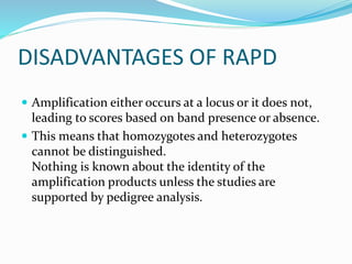 DISADVANTAGES OF RAPD
 Amplification either occurs at a locus or it does not,
leading to scores based on band presence or absence.
 This means that homozygotes and heterozygotes
cannot be distinguished.
Nothing is known about the identity of the
amplification products unless the studies are
supported by pedigree analysis.
 