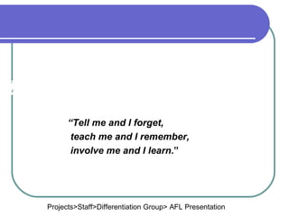 AFL “ Tell me and I forget, teach me and I remember, involve me and I learn .” Projects>Staff>Differentiation Group> AFL Presentation  