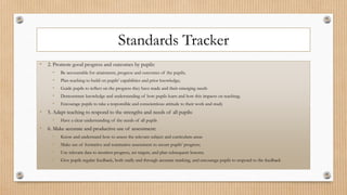 Standards Tracker
• 2. Promote good progress and outcomes by pupils:
• Be accountable for attainment, progress and outcomes of the pupils;
• Plan teaching to build on pupils’ capabilities and prior knowledge;
• Guide pupils to reflect on the progress they have made and their emerging needs
• Demonstrate knowledge and understanding of how pupils learn and how this impacts on teaching;
• Encourage pupils to take a responsible and conscientious attitude to their work and study
• 5. Adapt teaching to respond to the strengths and needs of all pupils:
• Have a clear understanding of the needs of all pupils
• 6. Make accurate and productive use of assessment:
• Know and understand how to assess the relevant subject and curriculum areas
• Make use of formative and summative assessment to secure pupils’ progress;
• Use relevant data to monitor progress, set targets, and plan subsequent lessons;
• Give pupils regular feedback, both orally and through accurate marking, and encourage pupils to respond to the feedback
 