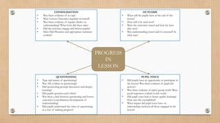 CONSOLIDATION
• Was there evidence of re-cap?
• Were Lesson Outcomes regularly reviewed?
• Was there evidence of regular checks on
understanding? What form did these take?
• Did the activities engage and inform pupils?
• Mini/Mid Plenaries and appropriate summary
evident?
OUTCOME
• What will the pupils have at the end of the
lesson?
• How will it be used next?
• Were the outcomes stated and how far were
they met?
• Was understanding tested and/or assessed? In
what way?
QUESTIONING
• Type and nature of questioning?
• Was AfL evident in questioning?
• Did questioning prompt discussion and deeper
learning?
• Did pupils question each other?
• Was there a link between questioning and lesson
outcomes/consolidation/development of
understanding?
• Did pupils understand the value of questioning
as a way of making progress?
PUPIL VOICE
• Did pupils have an opportunity to participate in
the lesson? Was there evidence of pupil-led
activity?
• Was there evidence of pairs/group work? Were
good responses evident in this work?
• Did pupil voice lead to better quality learning?
How was this exemplified?
• What impact did pupil voice have on
relationships between all those engaged in the
lesson?
PROGRESS
IN
LESSON
 