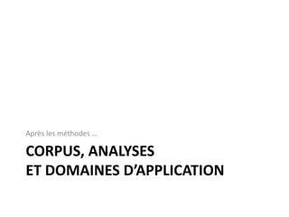 Corpus et méthode3Sélection d’articles JADT  (Journées internationales d'Analyse statistique des Données Textuelles)entre 2000 et 2010travaux textométriques rédigés en français sur des corpus français- inspiré de (FioredistellaIezzi D., 2010)111 articles ; 377 000+ mots ; analyses automatisées avec Lexico3 3/ RÉSULTATS ET DISCUSSION2/ ANALYSE DU CORPUS1/ CORPUS DE TRAVAILMOT (Méthodes et Outils en Textométrie)Sélection des articlesJADTConversion des PDF -> corpusAnalyses manuellesAnalyses textométriquesAnalyse des résultatsPistes pour un programme de recherche étendu Méthodes de calcul 