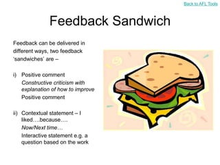 Back to AFL Tools



               Feedback Sandwich
Feedback can be delivered in
different ways, two feedback
„sandwiches‟ are –

i) Positive comment
   Constructive criticism with
   explanation of how to improve
   Positive comment

ii) Contextual statement – I
    liked….because….
    Now/Next time…
    Interactive statement e.g. a
    question based on the work
 