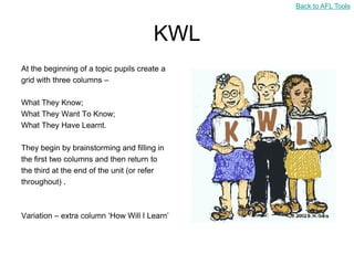 Back to AFL Tools



                                       KWL
At the beginning of a topic pupils create a
grid with three columns –

What They Know;
What They Want To Know;
What They Have Learnt.

They begin by brainstorming and filling in
the first two columns and then return to
the third at the end of the unit (or refer
throughout) .



Variation – extra column „How Will I Learn‟
 