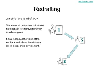 Back to AFL Tools



                           Redrafting
Use lesson time to redraft work.

This allows students time to focus on
the feedback for improvement they
have been given.

It also reinforces the value of the
feedback and allows them to work
at it in a supportive environment.
 