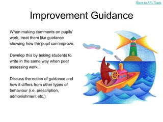 Back to AFL Tools



          Improvement Guidance
When making comments on pupils‟
work, treat them like guidance
showing how the pupil can improve.

Develop this by asking students to
write in the same way when peer
assessing work.

Discuss the notion of guidance and
how it differs from other types of
behaviour (i.e. prescription,
admonishment etc.)
 