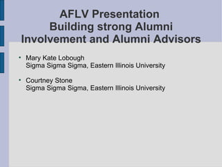 AFLV Presentation  Building strong Alumni Involvement and Alumni Advisors ,[object Object],[object Object],[object Object]