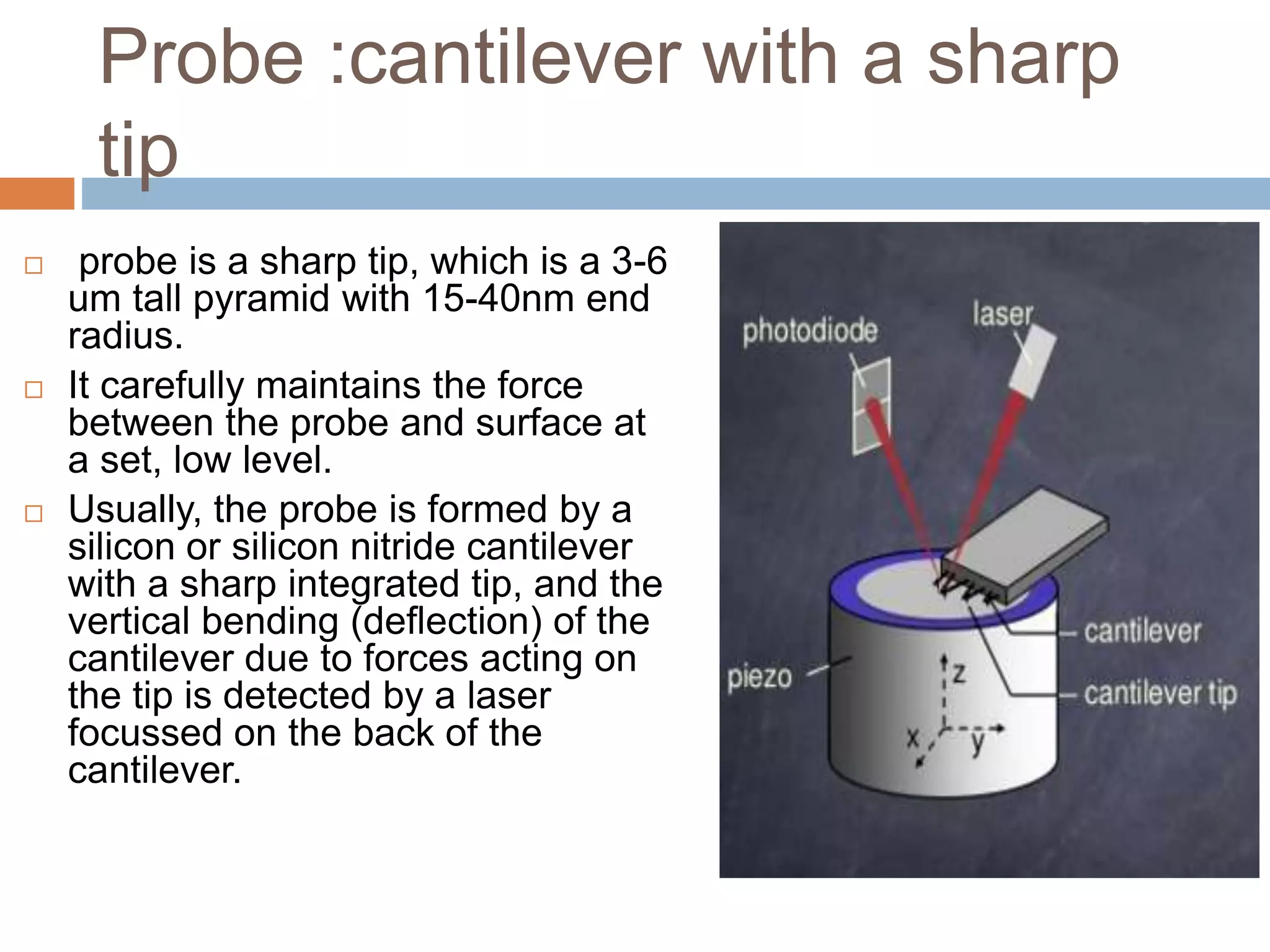 Probe :cantilever with a sharp
tip
 probe is a sharp tip, which is a 3-6
um tall pyramid with 15-40nm end
radius.
 It carefully maintains the force
between the probe and surface at
a set, low level.
 Usually, the probe is formed by a
silicon or silicon nitride cantilever
with a sharp integrated tip, and the
vertical bending (deflection) of the
cantilever due to forces acting on
the tip is detected by a laser
focussed on the back of the
cantilever.
 