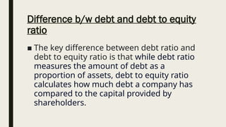 Difference b/w debt and debt to equity
ratio
■ The key difference between debt ratio and
debt to equity ratio is that while debt ratio
measures the amount of debt as a
proportion of assets, debt to equity ratio
calculates how much debt a company has
compared to the capital provided by
shareholders.
 