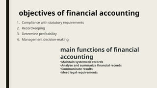 objectives of financial accounting
1. Compliance with statutory requirements
2. Recordkeeping
3. Determine profitability
4. Management decision-making
main functions of financial
accounting
•Maintain systematic records
•Analyze and summarize financial records
•Communicate results
•Meet legal requirements
 