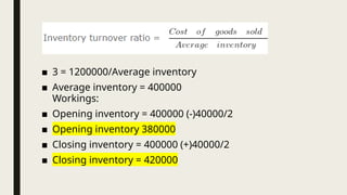 ■ 3 = 1200000/Average inventory
■ Average inventory = 400000
Workings:
■ Opening inventory = 400000 (-)40000/2
■ Opening inventory 380000
■ Closing inventory = 400000 (+)40000/2
■ Closing inventory = 420000
 