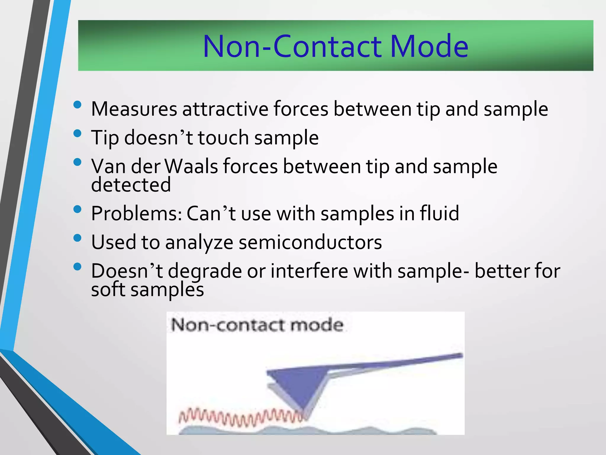 Non-Contact Mode
• Measures attractive forces between tip and sample
• Tip doesn’t touch sample
• Van derWaals forces between tip and sample
detected
• Problems: Can’t use with samples in fluid
• Used to analyze semiconductors
• Doesn’t degrade or interfere with sample- better for
soft samples
 