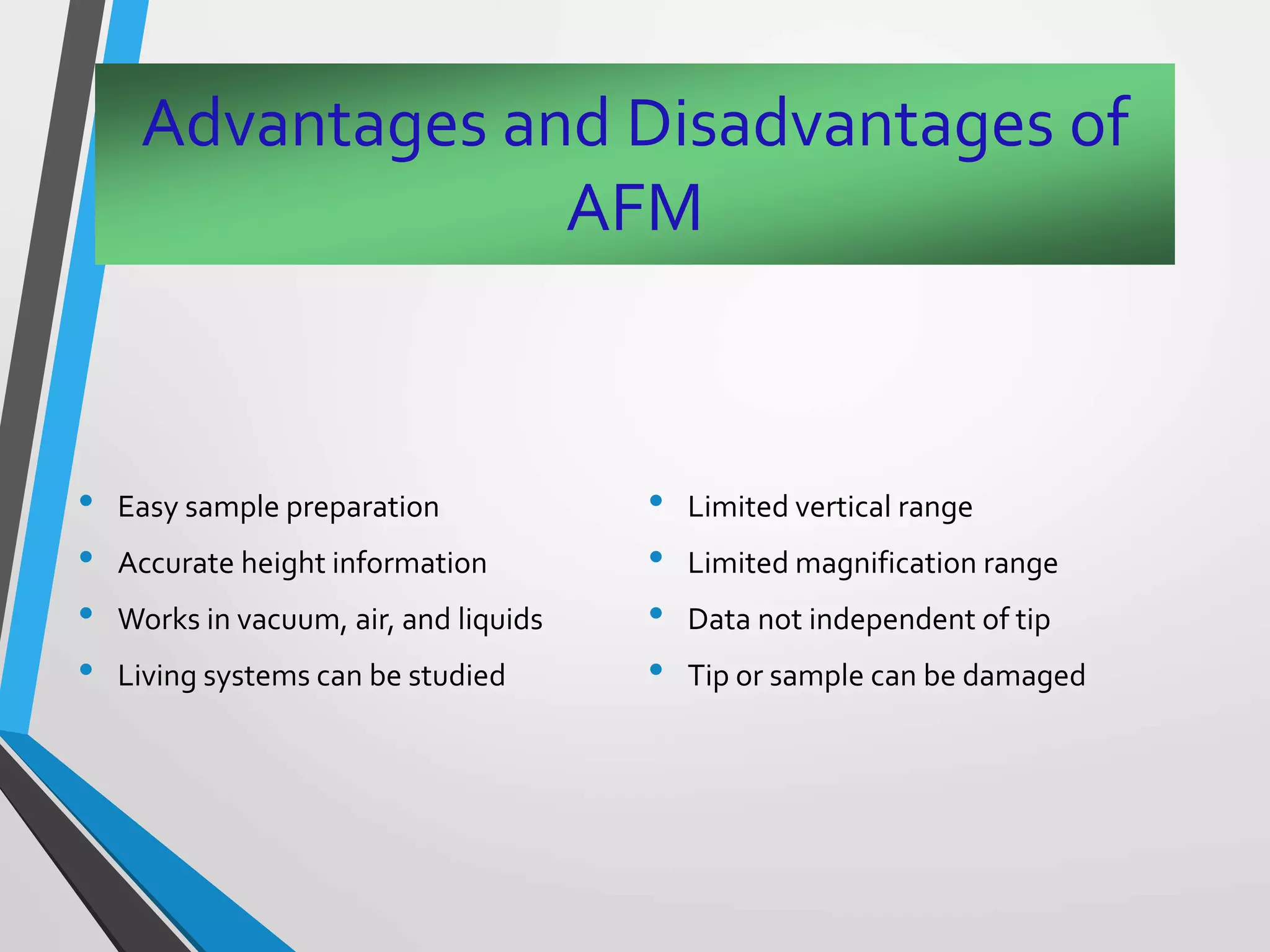 Advantages and Disadvantages of
AFM
• Easy sample preparation
• Accurate height information
• Works in vacuum, air, and liquids
• Living systems can be studied
• Limited vertical range
• Limited magnification range
• Data not independent of tip
• Tip or sample can be damaged
 