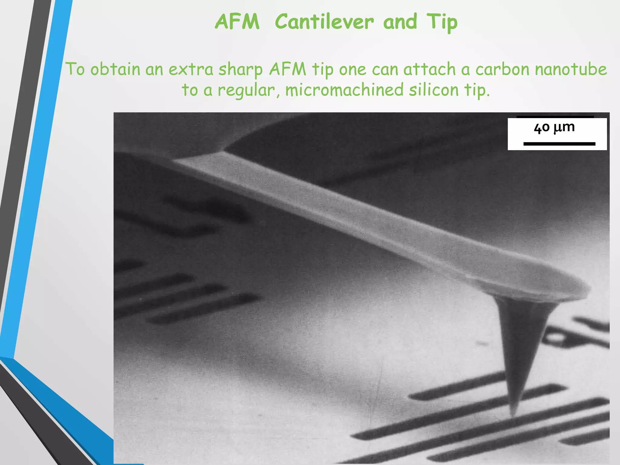 40 m
AFM Cantilever and Tip
To obtain an extra sharp AFM tip one can attach a carbon nanotube
to a regular, micromachined silicon tip.
 