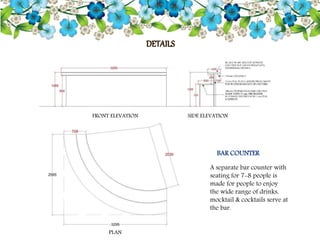 DETAILS
BAR COUNTER
PLAN
FRONT ELEVATION SIDE ELEVATION
A separate bar counter with
seating for 7-8 people is
made for people to enjoy
the wide range of drinks,
mocktail & cocktails serve at
the bar.
 