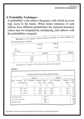 CHETHAN.S
DEPARTMENT OF MANAGEMENT
9
SOUNDARYA INSTITUTE OF MANAGEMENT AND SCIENCE, BANGALORE-560073.
4. Probability Technique:-
A probability is the relative frequency with which an event
may occur in the future. When future estimates of cash
inflows have different probabilities the expected monetary
values may be computed by multiplying cash inflows with
the probabilities assigned.
 