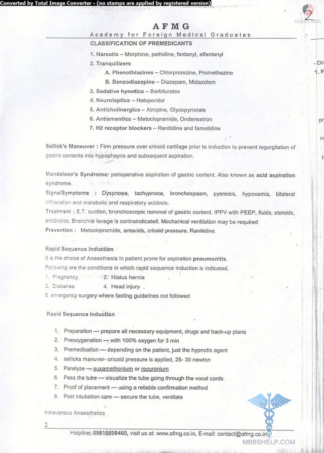 General anaesthesia AFMG Notes | PDF