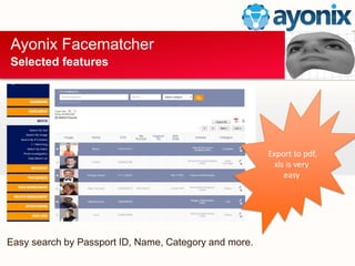 Ayonix Facematcher
Selected features
Easy search by Passport ID, Name, Category and more.
Export to pdf,
xls is very
easy
 