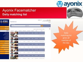 Ayonix Facematcher
Daily matching list
Daily
matching list
gives all
matches of
the day.
 