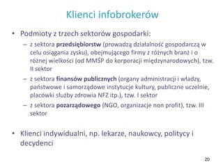 20
Klienci infobrokerów
• Podmioty z trzech sektorów gospodarki:
– z sektora przedsiębiorstw (prowadzą działalność gospodarczą w
celu osiągania zysku), obejmującego firmy z różnych branż i o
różnej wielkości (od MMŚP do korporacji międzynarodowych), tzw.
II sektor
– z sektora finansów publicznych (organy administracji i władzy,
państwowe i samorządowe instytucje kultury, publiczne uczelnie,
placówki służby zdrowia NFZ itp.), tzw. I sektor
– z sektora pozarządowego (NGO, organizacje non profit), tzw. III
sektor
• Klienci indywidualni, np. lekarze, naukowcy, politycy i
decydenci
 