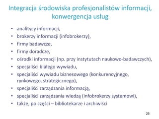 25
Integracja środowiska profesjonalistów informacji,
konwergencja usług
• analitycy informacji,
• brokerzy informacji (infobrokerzy),
• firmy badawcze,
• firmy doradcze,
• ośrodki informacji (np. przy instytutach naukowo-badawczych),
• specjaliści białego wywiadu,
• specjaliści wywiadu biznesowego (konkurencyjnego,
rynkowego, strategicznego),
• specjaliści zarządzania informacją,
• specjaliści zarządzania wiedzą (infobrokerzy systemowi),
• także, po części – bibliotekarze i archiwiści
 