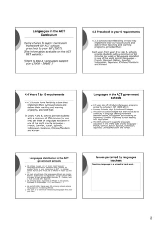 Languages in the ACT                                4.3 Preschool to year 6 requirements
             Curriculum
                                                             4.3.3 Schools have flexibility in how they
‘Every chance to learn: Curriculum                             implement their curriculum plans and
  framework for ACT schools                                    deliver their teaching and learning
                                                               programs, provided that:
  preschool to year 10’ (2007)
(The information available on the ACT                        Each year, from year 3 to year 6, schools
  DET website)                                                 provide students with a minimum of 60
                                                               minutes per week of languages education
                                                               in one of the eight priority languages –
[There is also a ‘Languages support                            French, German, Italian, Spanish,
                                                               Indonesian, Japanese, Chinese/Mandarin
  plan (2008 - 2010)’ ]                                        and Korean




4.4 Years 7 to 10 requirements                                Languages in the ACT government
                                                                          schools
 4.4.3 Schools have flexibility in how they
   implement their curriculum plans and                       A 3-year plan of introducing languages programs
   deliver their teaching and learning                        across the schools in ACT (2008-2010)
   programs, provided that:                                   Primary Schools, High Schools and Colleges
                                                              The DET has acknowledged that there needs to be
                                                              continuity in language offering movement
 In years 7 and 8, schools provide students                   between sectors, and appears to be working on
   with a minimum of 150 minutes (or one                      organising ‘clusters’ of primary schools feeding
                                                              into high school.
   line) per week of languages education in
                                                              The DET particularly supports languages
   one of the eight priority languages -                      education in one of the eight priority languages –
   French, German, Italian, Spanish,                          French, German, Italian, Spanish, Indonesian,
   Indonesian, Japanese, Chinese/Mandarin                     Japanese, Chinese/Mandarin and Korean.
   and Korean




     Languages distribution in the ACT                           Issues perceived by languages
           government schools                                               teachers
                                                             Teaching language in a school is hard work
   At college (years 11-12) level, most ‘popular’
   languages are French, Japanese and Chinese. At
   present there is only one school in ACT – a college
   where Korean and Hindi are is offered in Years 11 and
   12.
   At high school level, the languages offered are mostly
   French, Indonesian and Japanese. 2 high schools offer
   Chinese, 2 high schools offer German, 2 – Italian, and
   2 high schools offer Spanish.
   At primary level, Japanese is offered in 16 schools,
   followed by Indonesian – 10, and French – 7.

   At end of 2008, there were 12 primary schools where
   language was not being offered.
   The plan is to continue introducing languages this year
   and next.




                                                                                                                   2
 