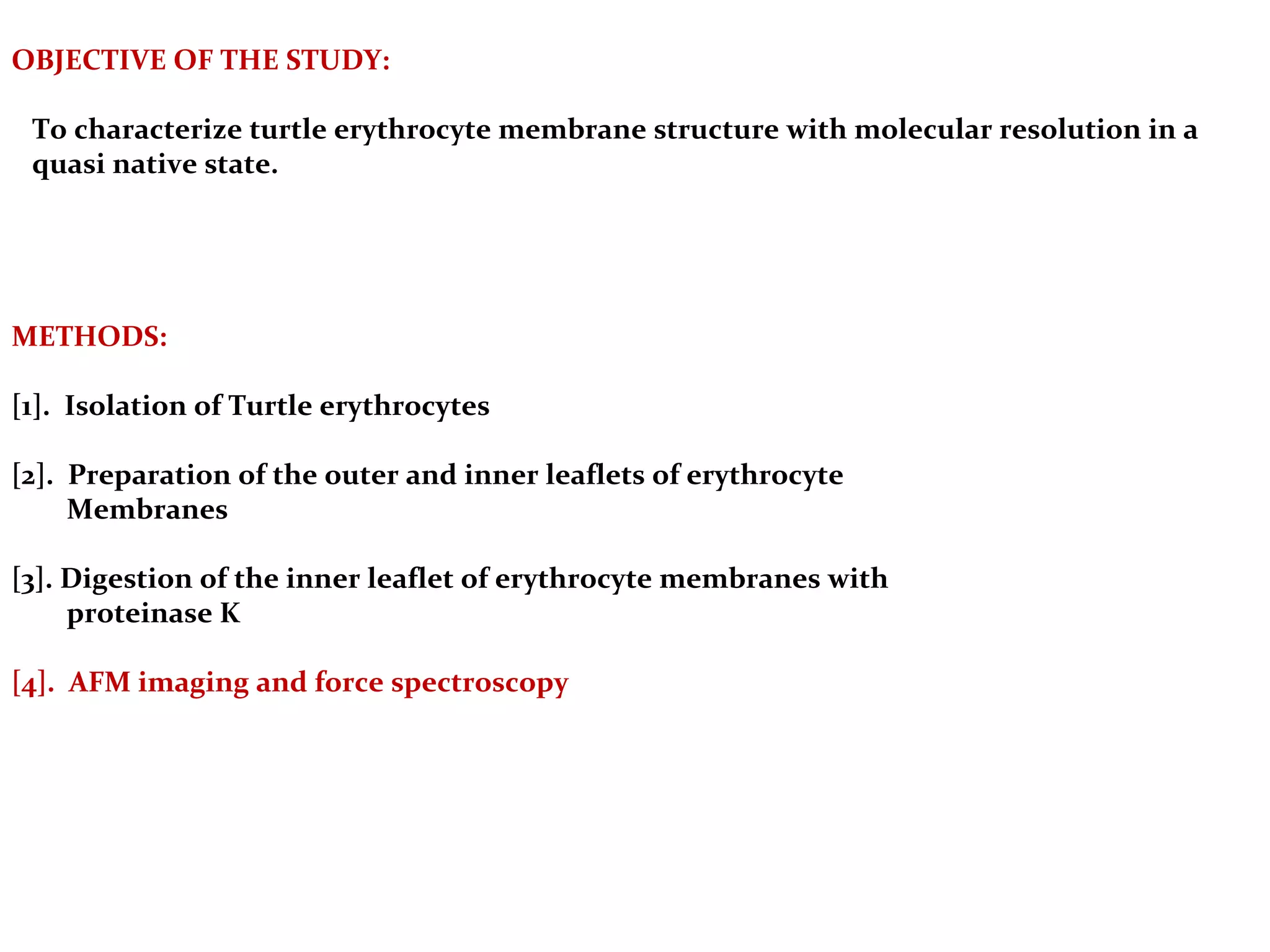 OBJECTIVE OF THE STUDY: 
To characterize turtle erythrocyte membrane structure with molecular resolution in a 
quasi native state. 
METHODS: 
[1]. Isolation of Turtle erythrocytes 
[2]. Preparation of the outer and inner leaflets of erythrocyte 
Membranes 
[3]. Digestion of the inner leaflet of erythrocyte membranes with 
proteinase K 
[4]. AFM imaging and force spectroscopy 
 