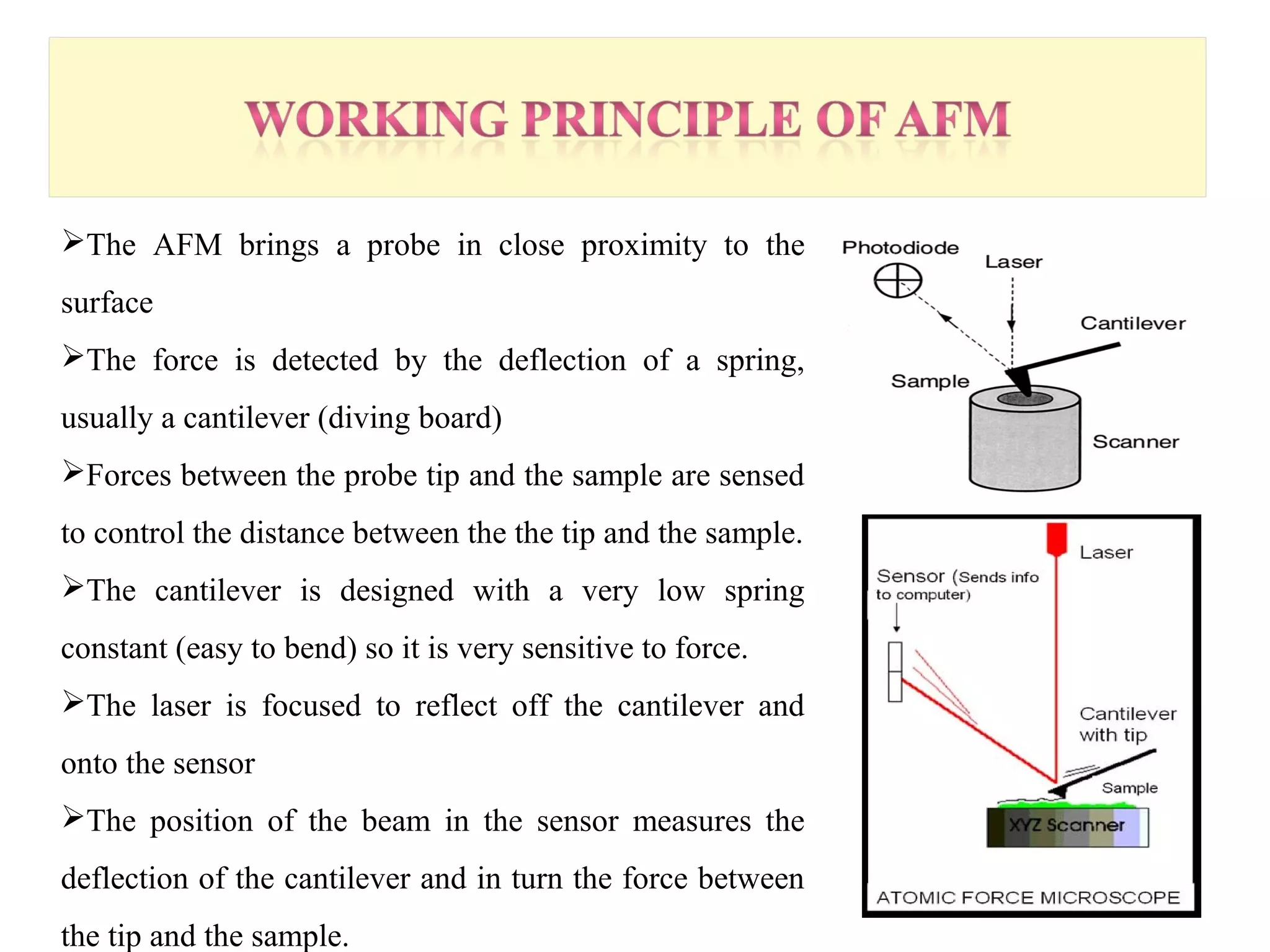 The AFM brings a probe in close proximity to the 
surface 
The force is detected by the deflection of a spring, 
usually a cantilever (diving board) 
Forces between the probe tip and the sample are sensed 
to control the distance between the the tip and the sample. 
The cantilever is designed with a very low spring 
constant (easy to bend) so it is very sensitive to force. 
The laser is focused to reflect off the cantilever and 
onto the sensor 
The position of the beam in the sensor measures the 
deflection of the cantilever and in turn the force between 
the tip and the sample. 
 