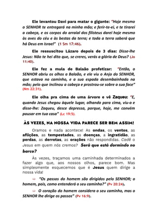 Ele levantou Davi para matar o gigante: “Hoje mesmo
o SENHOR te entregará na minha mão; e ferir-te-ei, e te tirarei
a cabeça, e os corpos do arraial dos filisteus darei hoje mesmo
às aves do céu e às bestas da terra; e toda a terra saberá que
há Deus em Israel” (1 Sm 17:46).
Ele ressuscitou Lázaro depois de 3 dias: Disse-lhe
Jesus: Não te hei dito que, se creres, verás a glória de Deus? (Jo
11:40).
Ele fez a mula de Balaão profetizar: “Então, o
SENHOR abriu os olhos a Balaão, e ele viu o Anjo do SENHOR,
que estava no caminho, e a sua espada desembainhada na
mão; pelo que inclinou a cabeça e prostrou-se sobre a sua face”
(Nm 22:31).
Ele olha pra cima de uma árvore e vê Zaqueu: “E,
quando Jesus chegou àquele lugar, olhando para cima, viu-o e
disse-lhe: Zaqueu, desce depressa, porque, hoje, me convém
pousar em tua casa” (Lc 19:5).
ÀS VEZES, NA NOSSA VIDA PARECE SER BEM ASSIM!
Oramos e nada acontece! As ondas, os ventos, as
aflições, as tempestades, as doenças, a ingratidão, as
perdas, as derrotas, as orações não respondidas. Cadê o
Jesus em quem nós cremos? Será que está dormindo no
barco?
Às vezes, traçamos uma caminhada determinados a
fazer algo que, aos nossos olhos, parece bom. Mas
simplesmente esquecemos que é Jesus quem dirige a
nossa vida!
➯ “Os passos do homem são dirigidos pelo SENHOR; o
homem, pois, como entenderá o seu caminho?” (Pv 20:24).
➯ O coração do homem considera o seu caminho, mas o
SENHOR lhe dirige os passos” (Pv 16:9).
 