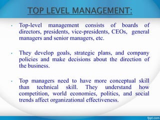 • Top-level management consists of boards of
directors, presidents, vice-presidents, CEOs, general
managers and senior managers, etc.
• They develop goals, strategic plans, and company
policies and make decisions about the direction of
the business.
• Top managers need to have more conceptual skill
than technical skill. They understand how
competition, world economies, politics, and social
trends affect organizational effectiveness.
 