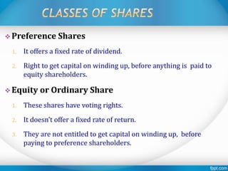  Preference Shares
1. It offers a fixed rate of dividend.
2. Right to get capital on winding up, before anything is paid to
equity shareholders.
 Equity or Ordinary Share
1. These shares have voting rights.
2. It doesn’t offer a fixed rate of return.
3. They are not entitled to get capital on winding up, before
paying to preference shareholders.
 