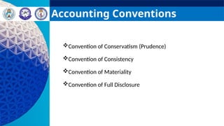 Accounting Conventions
Convention of Conservatism (Prudence)
Convention of Consistency
Convention of Materiality
Convention of Full Disclosure
 