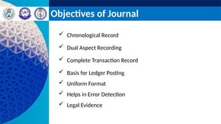 Objectives of Journal
 Chronological Record
 Dual Aspect Recording
 Complete Transaction Record
 Basis for Ledger Posting
 Uniform Format
 Helps in Error Detection
 Legal Evidence
 