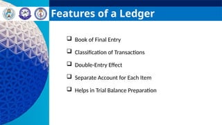 Features of a Ledger
 Book of Final Entry
 Classification of Transactions
 Double-Entry Effect
 Separate Account for Each Item
 Helps in Trial Balance Preparation
 