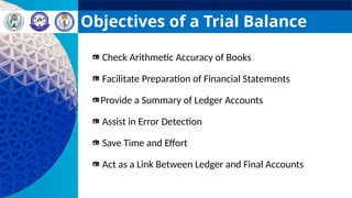 Objectives of a Trial Balance
Check Arithmetic Accuracy of Books
Facilitate Preparation of Financial Statements
Provide a Summary of Ledger Accounts
Assist in Error Detection
Save Time and Effort
Act as a Link Between Ledger and Final Accounts
 