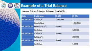 Example of a Trial Balance
Journal Entries & Ledger Balances (Jan 2025):
Date Particulars Dr (₹) Cr (₹)
01 Jan 2025 Cash A/c 1,00,000
Capital A/c 1,00,000
03 Jan 2025 Furniture A/c 50,000
Cash A/c 50,000
05 Jan 2025 Cash A/c 20,000
Sales A/c 20,000
08 Jan 2025 Rent A/c 5,000
Cash A/c 5,000
 