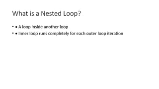 What is a Nested Loop?
• • A loop inside another loop
• • Inner loop runs completely for each outer loop iteration
 