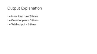 Output Explanation
• • Inner loop runs 2 times
• • Outer loop runs 3 times
• • Total output = 6 times
 