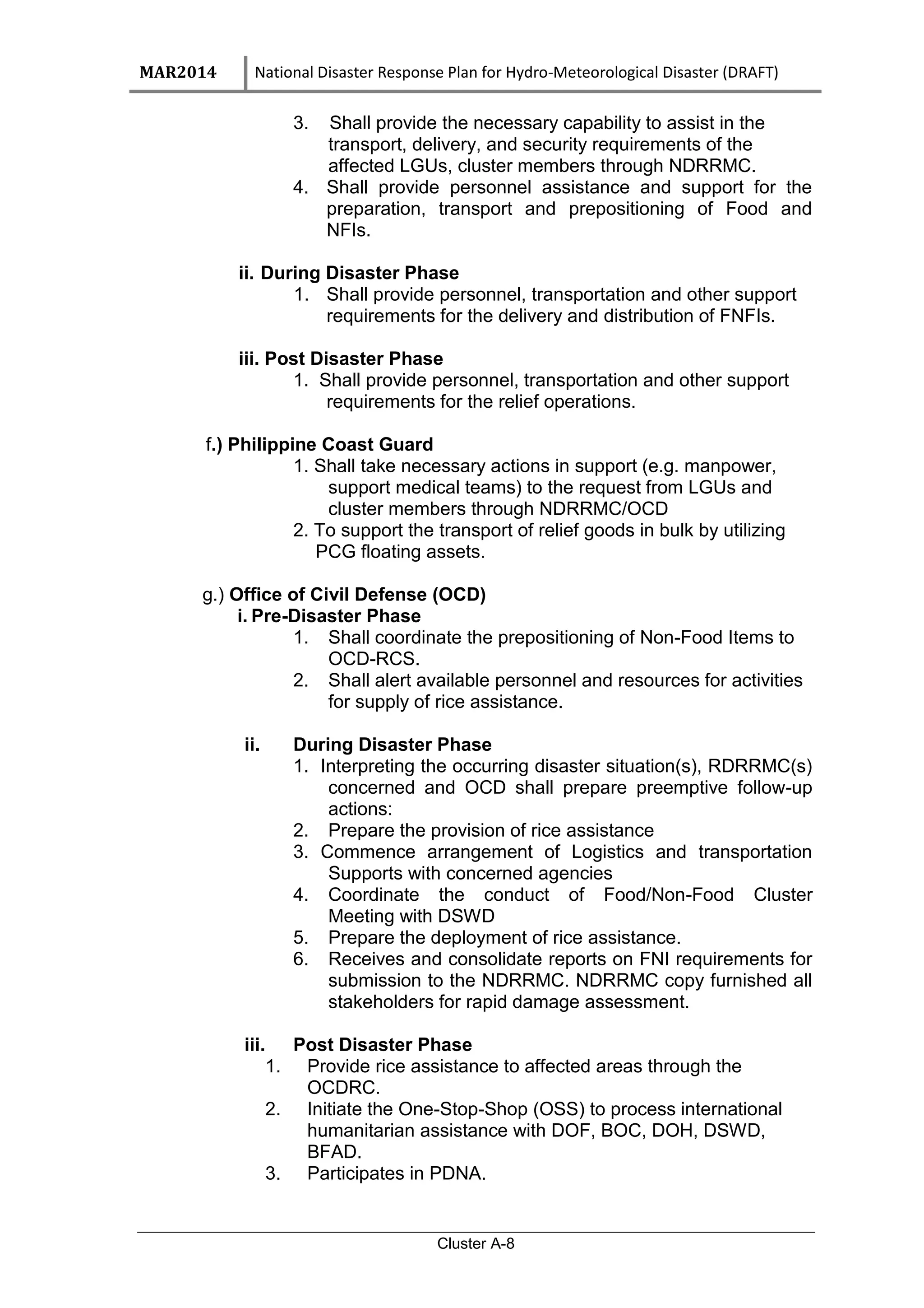 MAR2014 National Disaster Response Plan for Hydro-Meteorological Disaster (DRAFT)
Cluster A-8
3. Shall provide the necessary capability to assist in the
transport, delivery, and security requirements of the
affected LGUs, cluster members through NDRRMC.
4. Shall provide personnel assistance and support for the
preparation, transport and prepositioning of Food and
NFIs.
ii. During Disaster Phase
1. Shall provide personnel, transportation and other support
requirements for the delivery and distribution of FNFIs.
iii. Post Disaster Phase
1. Shall provide personnel, transportation and other support
requirements for the relief operations.
f.) Philippine Coast Guard
1. Shall take necessary actions in support (e.g. manpower,
support medical teams) to the request from LGUs and
cluster members through NDRRMC/OCD
2. To support the transport of relief goods in bulk by utilizing
PCG floating assets.
g.) Office of Civil Defense (OCD)
i. Pre-Disaster Phase
1. Shall coordinate the prepositioning of Non-Food Items to
OCD-RCS.
2. Shall alert available personnel and resources for activities
for supply of rice assistance.
ii. During Disaster Phase
1. Interpreting the occurring disaster situation(s), RDRRMC(s)
concerned and OCD shall prepare preemptive follow-up
actions:
2. Prepare the provision of rice assistance
3. Commence arrangement of Logistics and transportation
Supports with concerned agencies
4. Coordinate the conduct of Food/Non-Food Cluster
Meeting with DSWD
5. Prepare the deployment of rice assistance.
6. Receives and consolidate reports on FNI requirements for
submission to the NDRRMC. NDRRMC copy furnished all
stakeholders for rapid damage assessment.
iii. Post Disaster Phase
1. Provide rice assistance to affected areas through the
OCDRC.
2. Initiate the One-Stop-Shop (OSS) to process international
humanitarian assistance with DOF, BOC, DOH, DSWD,
BFAD.
3. Participates in PDNA.
 