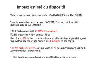 Impact estimé du dispositif
Opérations standardisées engagées du 01/07/2006 au 31/11/2012
D’après les chiffres estimés par L’ADEME, l’impact du dispositif
jusqu’à aujourd’hui serait de :
• 320 TWh cumac soit 45 TWh économisés :
21% électricité / 79% combustibles
en 6 ans, 6% de la consommation annuelle résidentiel/tertiaire, soit
l’équivalent du chauffage annuel de 4 millions de ménages.
• 11 Mt éq CO2 évitées, soit en 6 ans 11 % des émissions annuelles du
secteur résidentiel/tertiaire.
• Ces économies montrent une accélération avec le temps.
 
