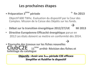 Les prochaines étapes
• Préparation 3
ème
période 
fin 2013
Objectif 600 TWhc. Evaluation du dispositif par la Cour des
Comptes. Mission de la Caisse des Dépôts sur les fonds.
• Débat sur la transition énergétique 2012/27/UE

Mi 2013
• Directive Européenne Efficacité énergétique parue en
2012 Les états doivent se mettre en conformité dès 2014.
• Poursuite des travaux sur les fiches nouvelles

ClubC2E 11
ème
arrêté- Révision des fiches et
toilettage du catalogue
Objectifs : Avoir une 3ème période CEE efficace
Simplifier et fluidifier le dispositif
 