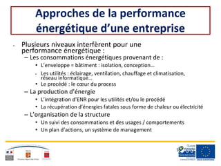 Approches de la performance
énergétique d’une entreprise
• Plusieurs niveaux interfèrent pour une
performance énergétique :
– Les consommations énergétiques provenant de :
• L’enveloppe = bâtiment : isolation, conception…
• Les utilités : éclairage, ventilation, chauffage et climatisation,
réseau informatique…
• Le procédé : le cœur du process
– La production d’énergie
• L’intégration d’ENR pour les utilités et/ou le procédé
• La récupération d’énergies fatales sous forme de chaleur ou électricité
– L’organisation de la structure
• Un suivi des consommations et des usages / comportements
• Un plan d’actions, un système de management
 
